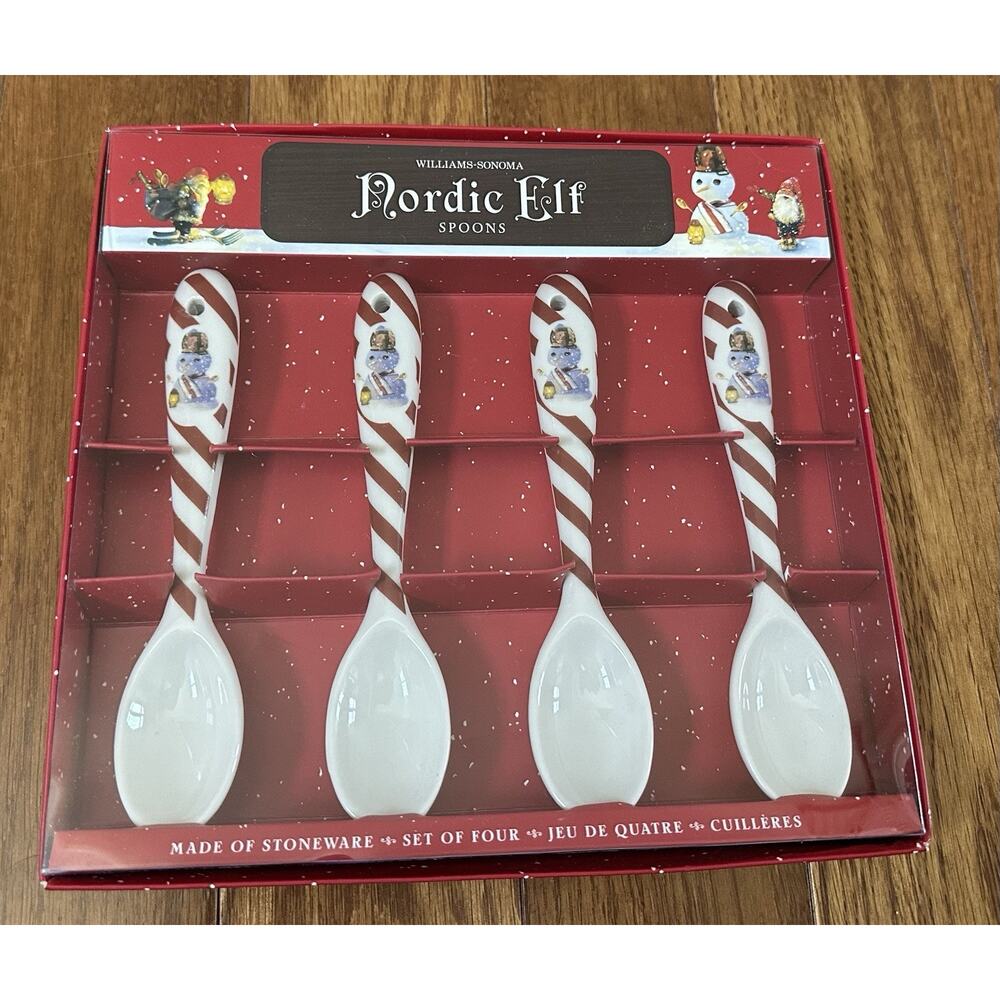 Williams Sonoma Nordic Elf Stoneware Spoons Snowman Set of 4 NEW
